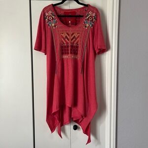 JW Los Angeles Embroidered‎ Tunic Top Coral Floral Joy Love Light Size L
